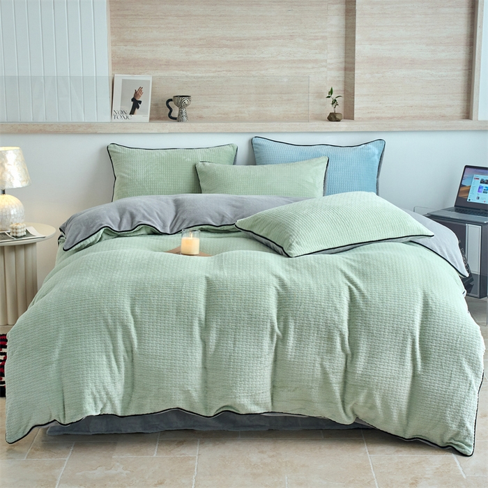 91家纺网 家纺一手货源 找家纺 乐居家纺 2025新款牛奶绒嵌边提花剪花四件套（含买家秀和质检报告） 心链-清新绿