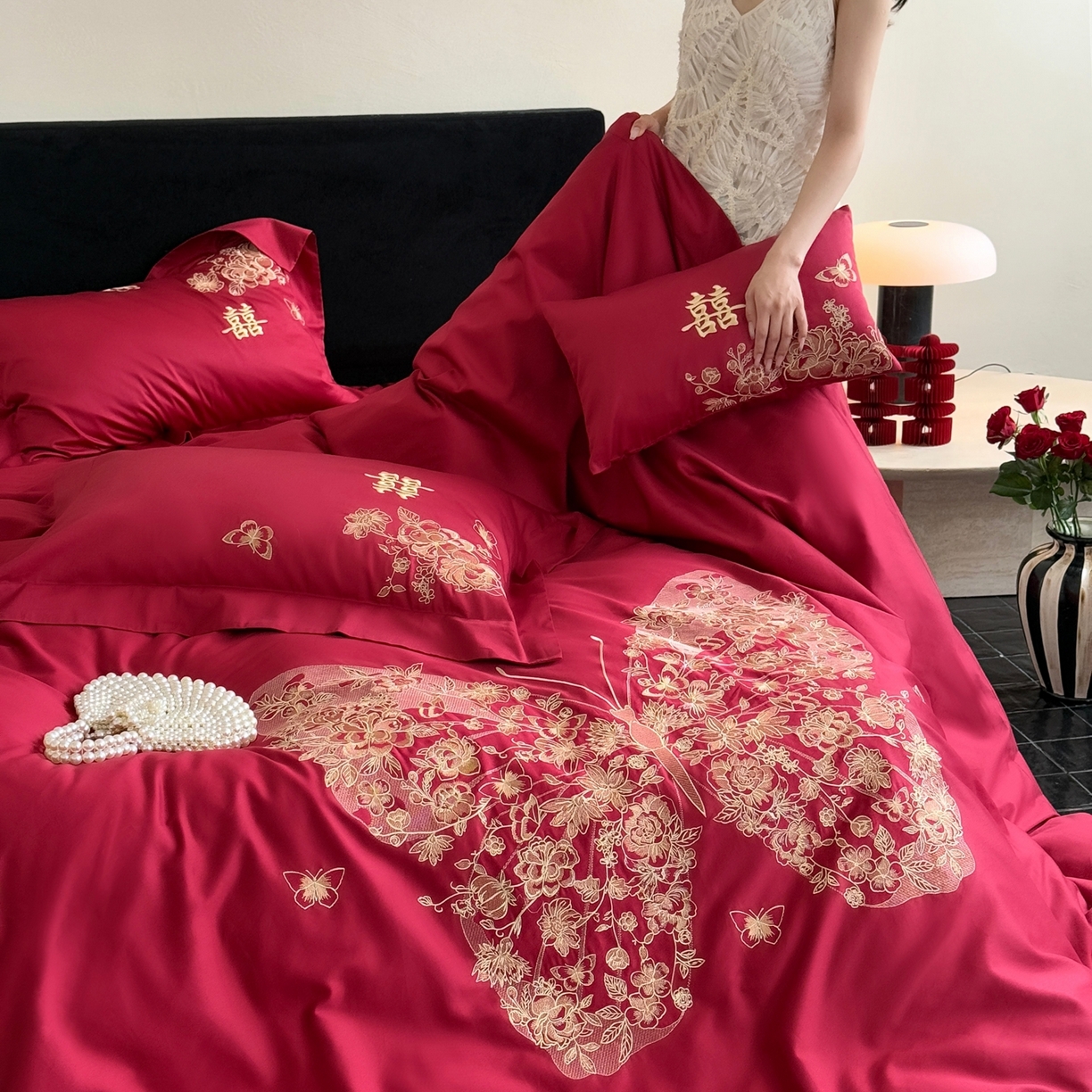 91家纺网 家纺一手货源 找家纺 （总）嗨购家纺 2025新款50S长绒棉婚庆四件套-彩蝶双飞