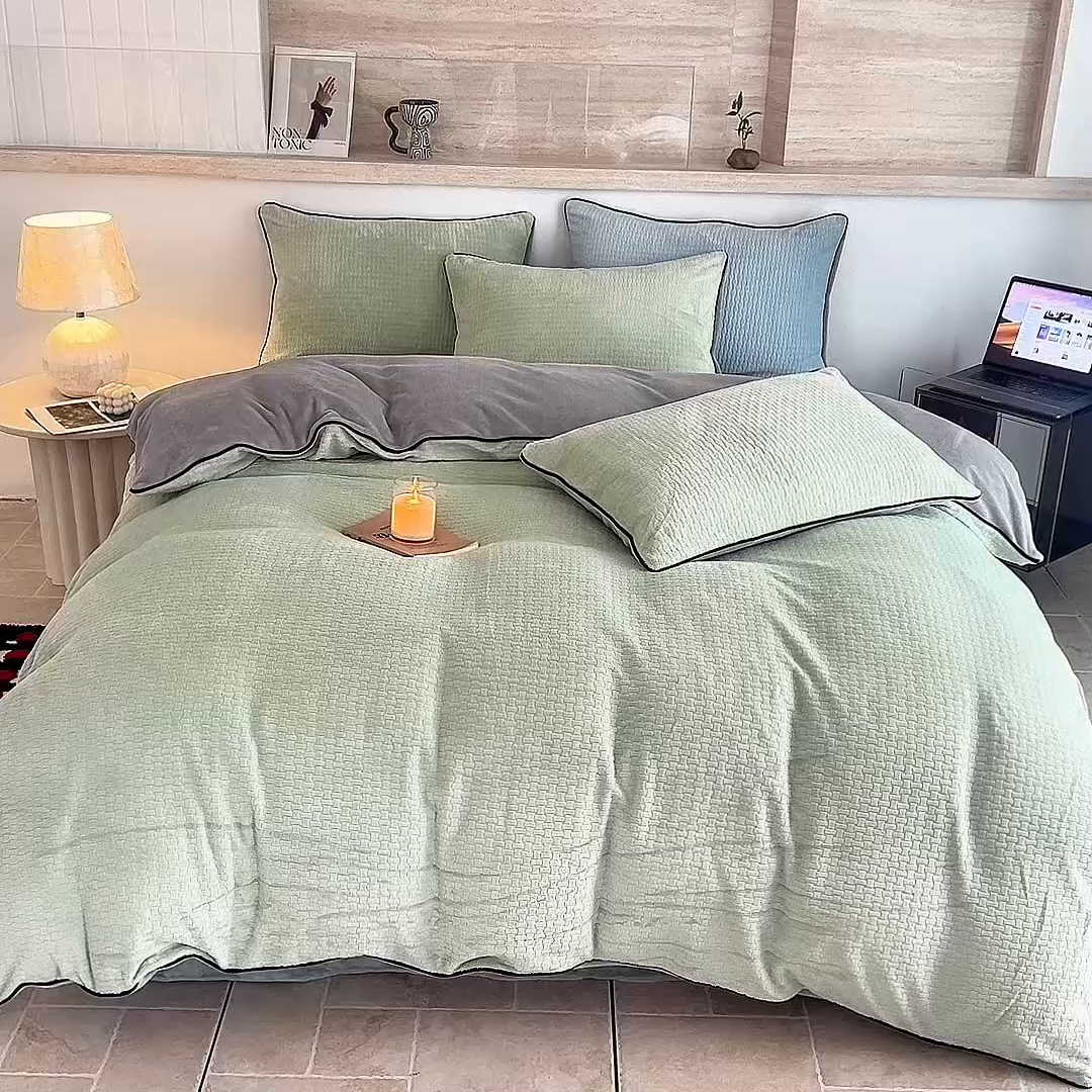 91家纺网 家纺一手货源 找家纺 乐居家纺 2025新款牛奶绒嵌边提花剪花四件套（含买家秀和质检报告） 心链-清新绿