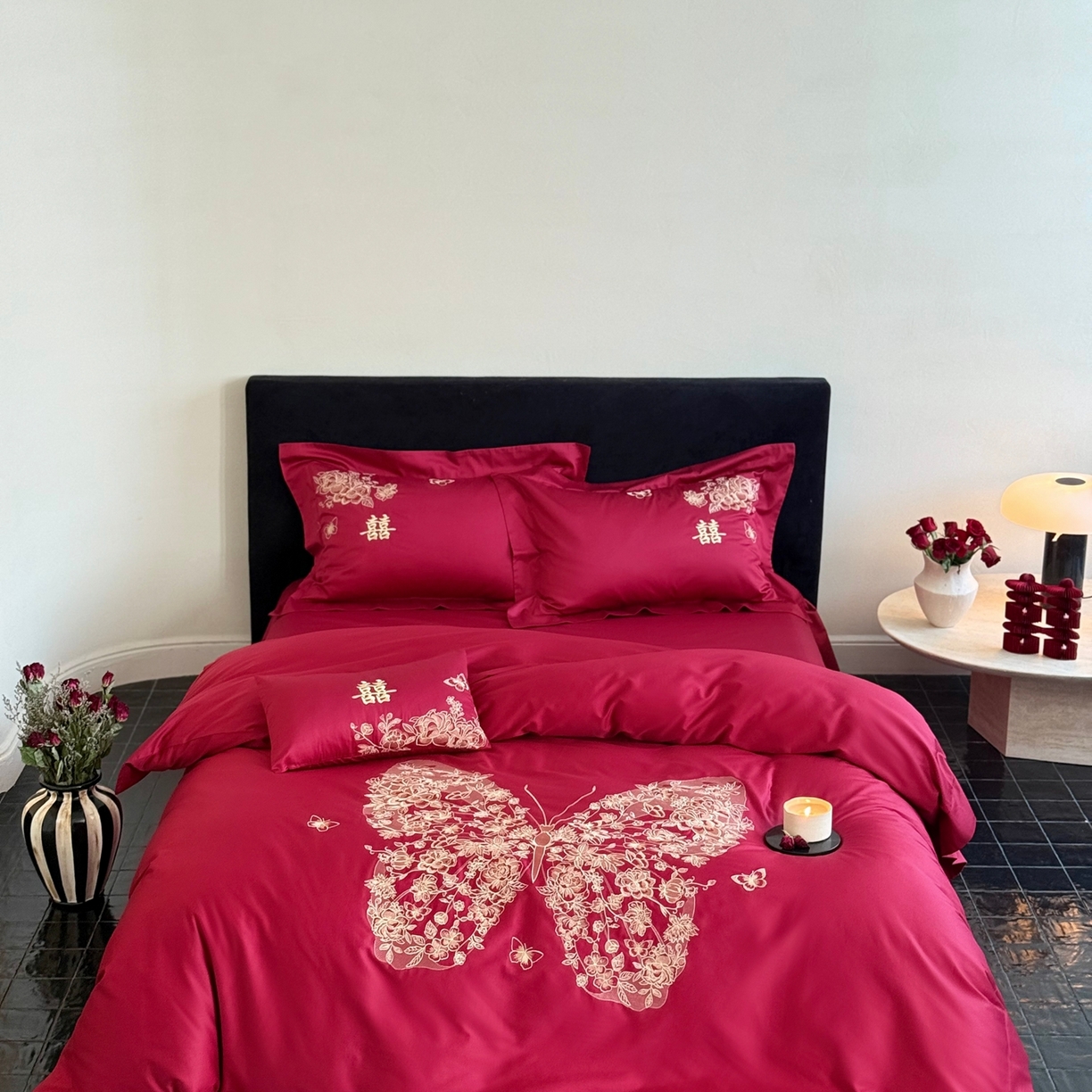 91家纺网 家纺一手货源 找家纺 （总）嗨购家纺 2025新款50S长绒棉婚庆四件套-彩蝶双飞