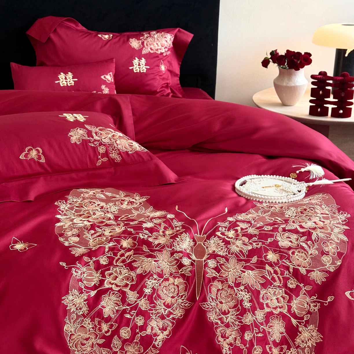 91家纺网 家纺一手货源 找家纺 （总）嗨购家纺 2025新款50S长绒棉婚庆四件套-彩蝶双飞