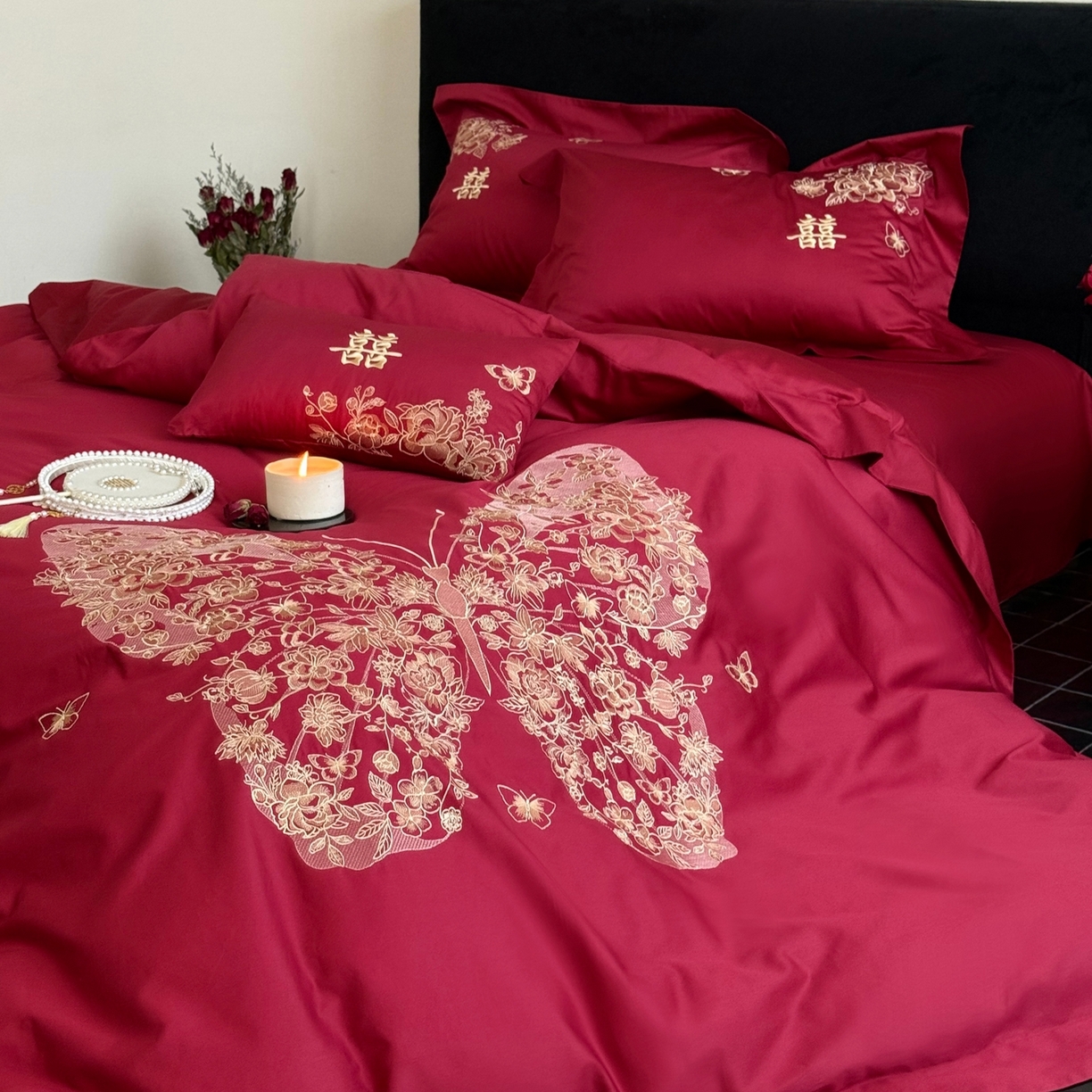 91家纺网 家纺一手货源 找家纺 （总）嗨购家纺 2025新款50S长绒棉婚庆四件套-彩蝶双飞