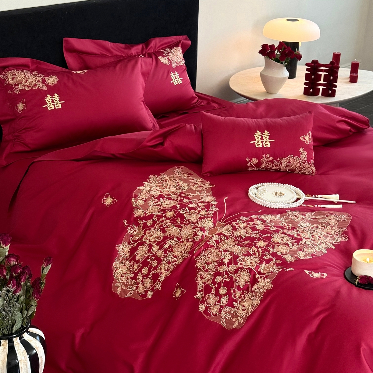 91家纺网 家纺一手货源 找家纺 （总）嗨购家纺 2025新款50S长绒棉婚庆四件套-彩蝶双飞