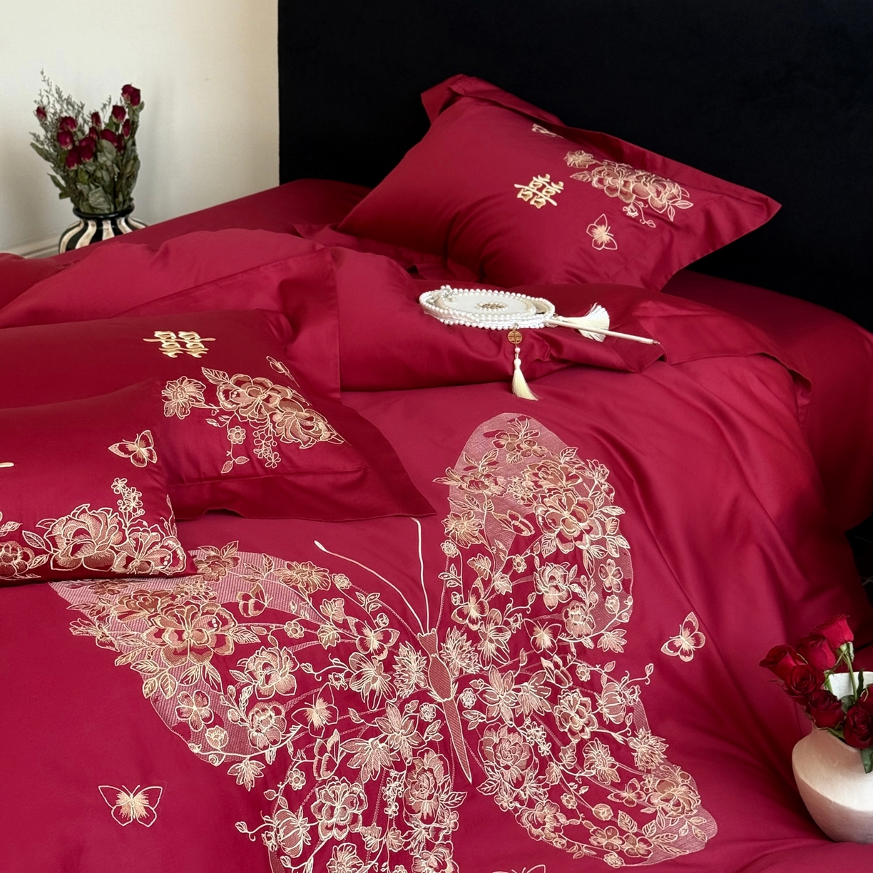 91家纺网 家纺一手货源 找家纺 （总）嗨购家纺 2025新款50S长绒棉婚庆四件套-彩蝶双飞