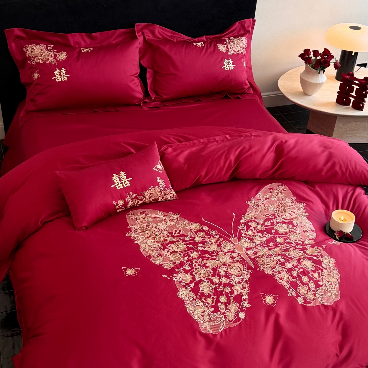 91家纺网 家纺一手货源 找家纺 （总）嗨购家纺 2025新款50S长绒棉婚庆四件套-彩蝶双飞