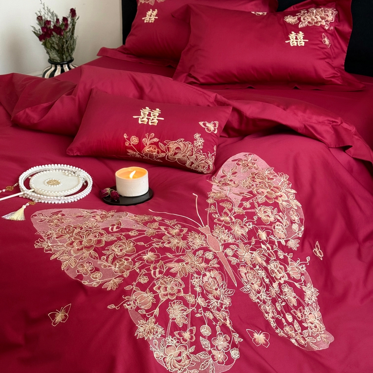 91家纺网 家纺一手货源 找家纺 （总）嗨购家纺 2025新款50S长绒棉婚庆四件套-彩蝶双飞