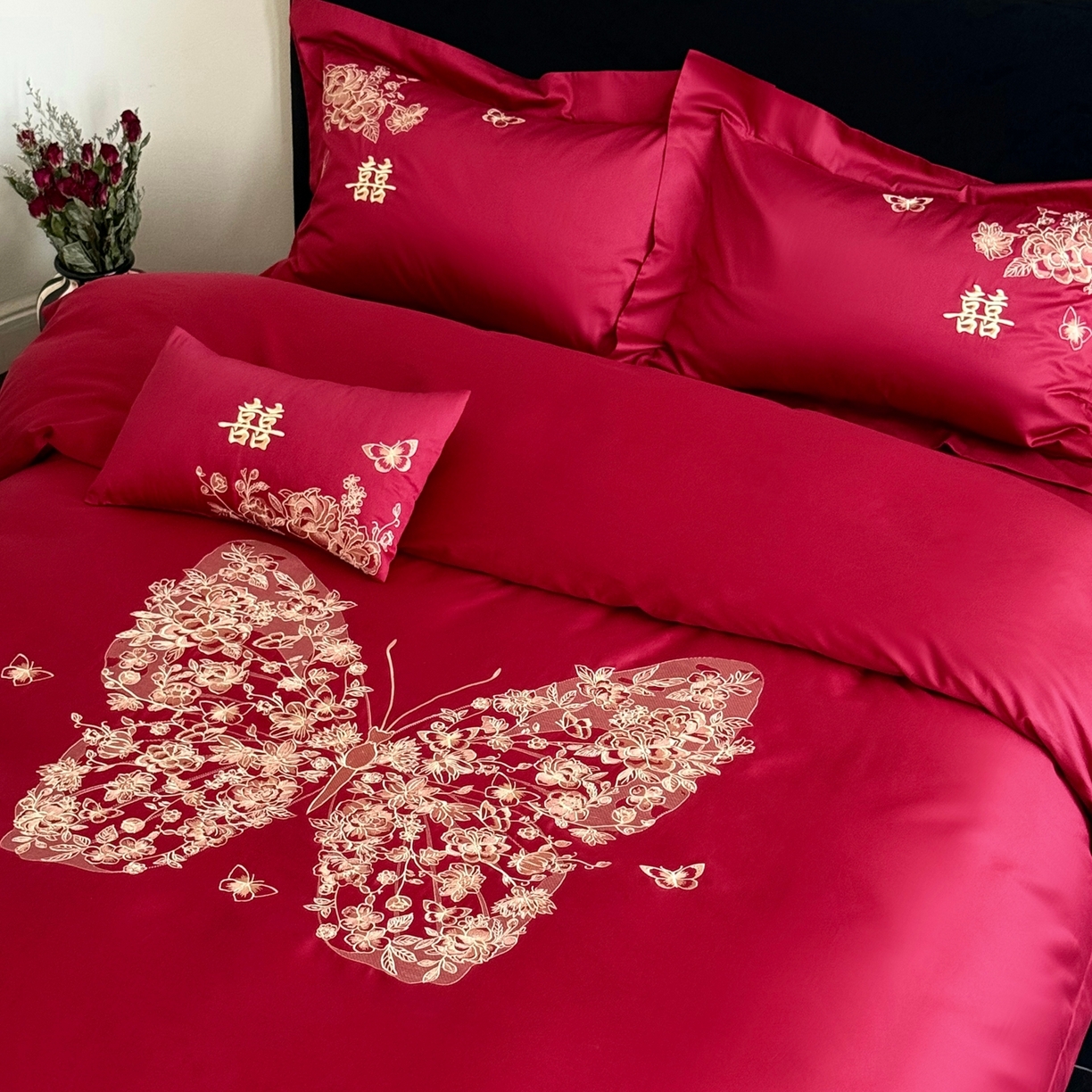 91家纺网 家纺一手货源 找家纺 （总）嗨购家纺 2025新款50S长绒棉婚庆四件套-彩蝶双飞