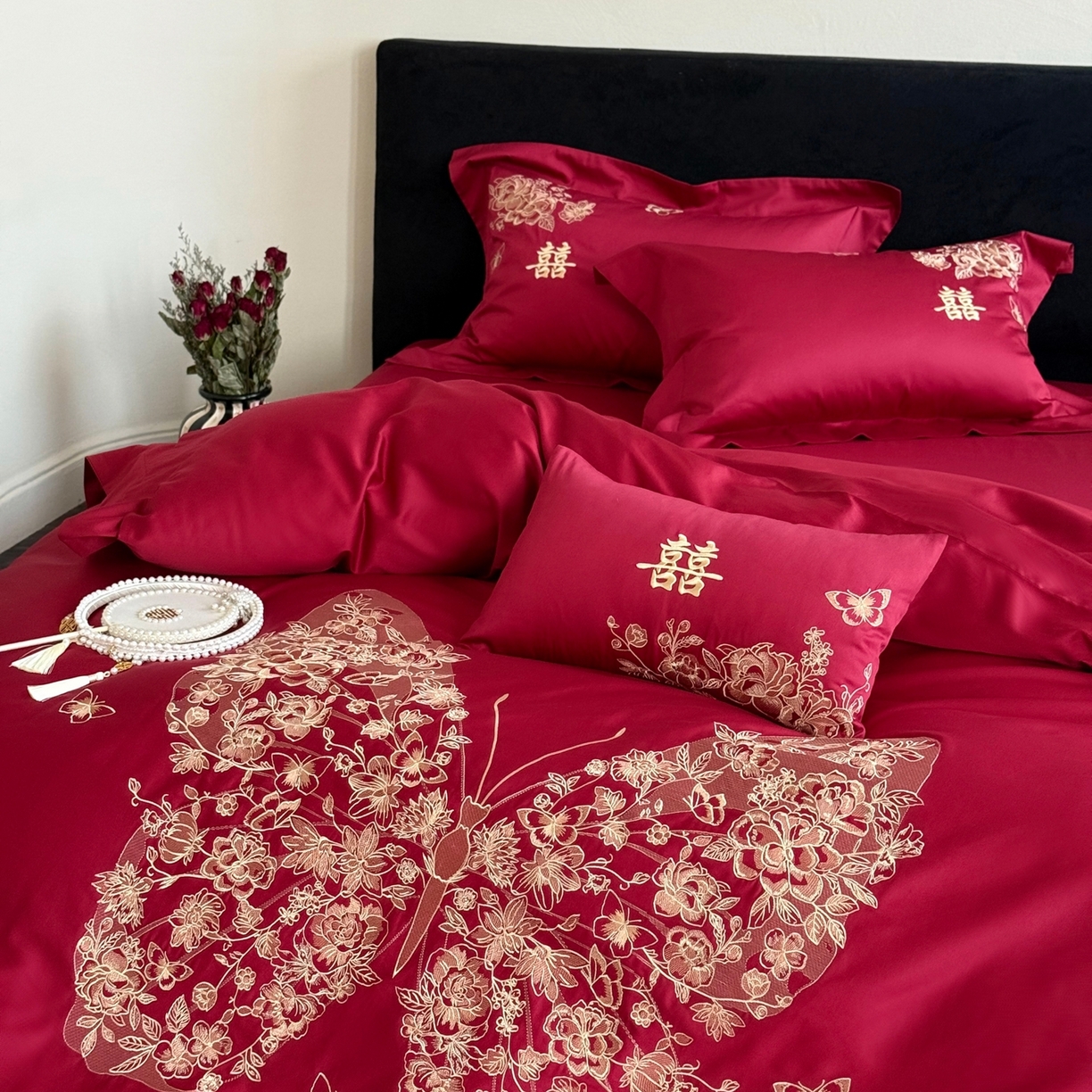 91家纺网 家纺一手货源 找家纺 （总）嗨购家纺 2025新款50S长绒棉婚庆四件套-彩蝶双飞