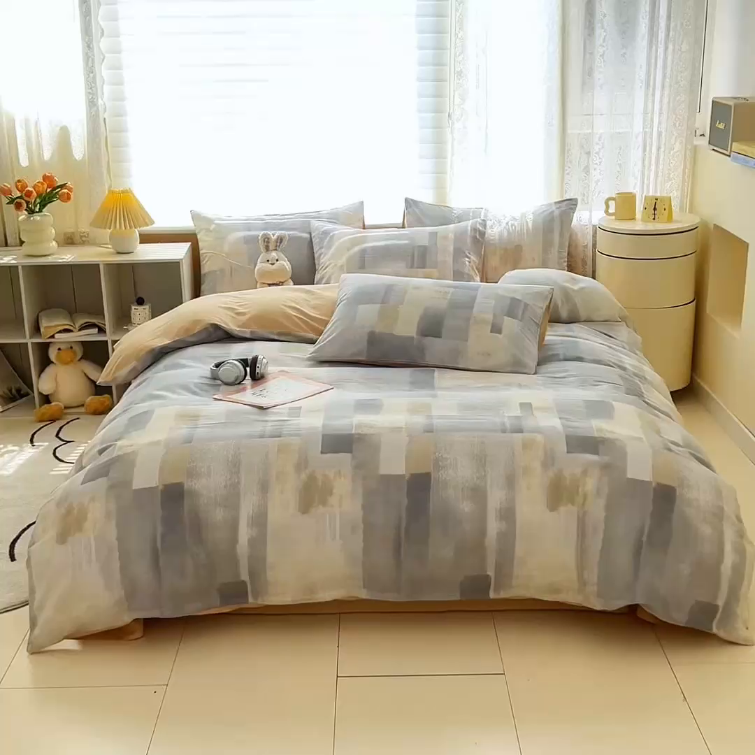 91家纺网 家纺一手货源 找家纺 红馆 2025年全棉12868印花系列四件套 简朴咖