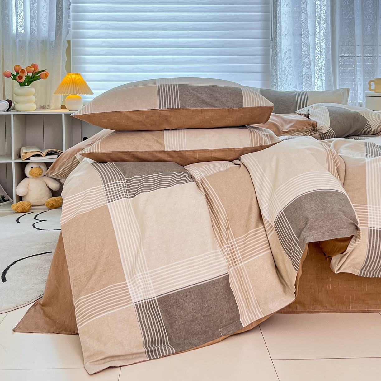 91家纺网 家纺一手货源 找家纺 红馆 2025年全棉12868印花系列四件套 魔方小站-咖