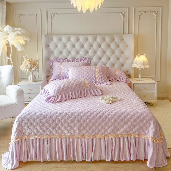 瑞宝 2025新款牛奶绒花边床盖床盖单件床盖单品单床盖床盖三件套-蝶舞花语 蝶舞花语-香芋紫