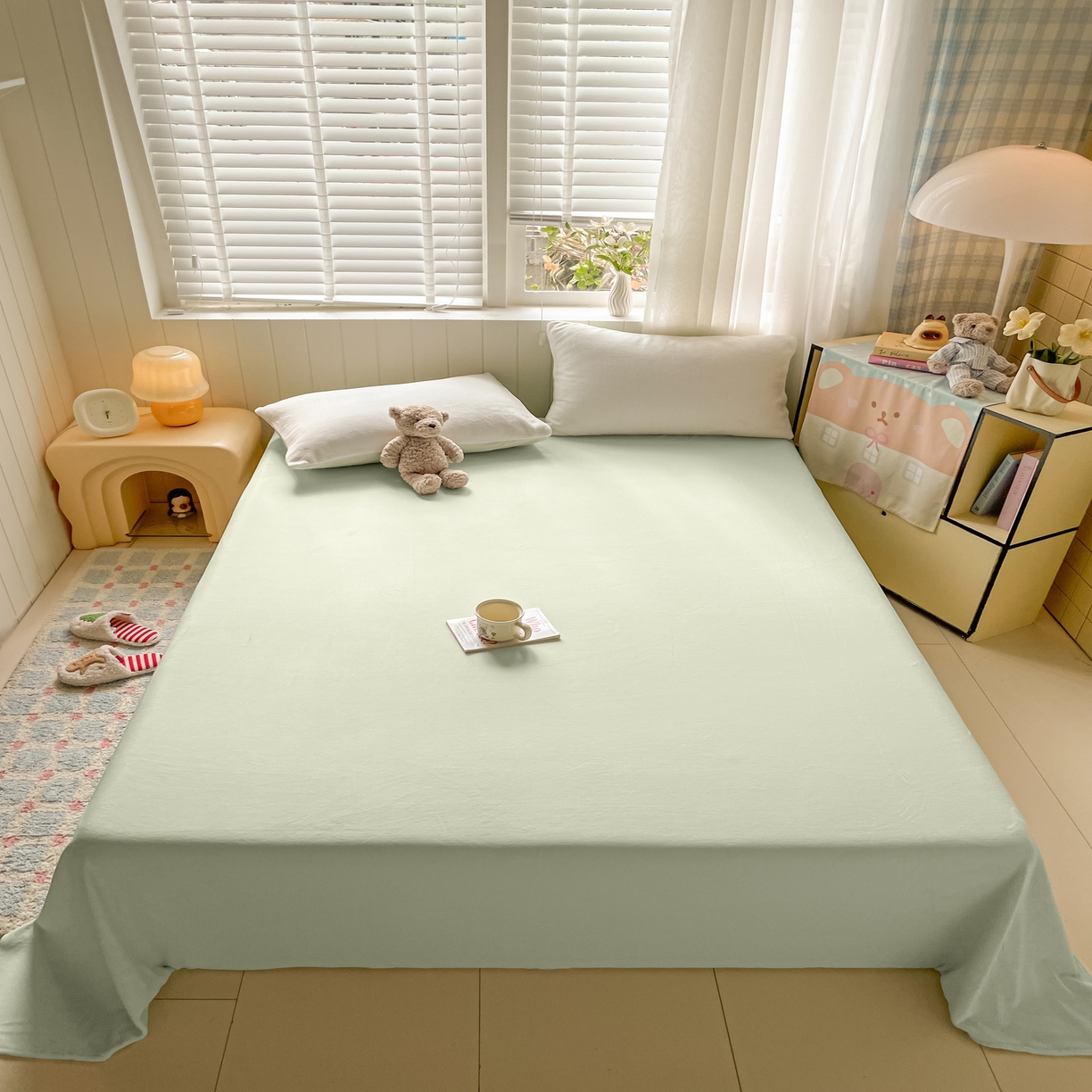 91家纺网 家纺一手货源 找家纺 仔仔熊 2025新款牛奶绒单床单床单单件 绿