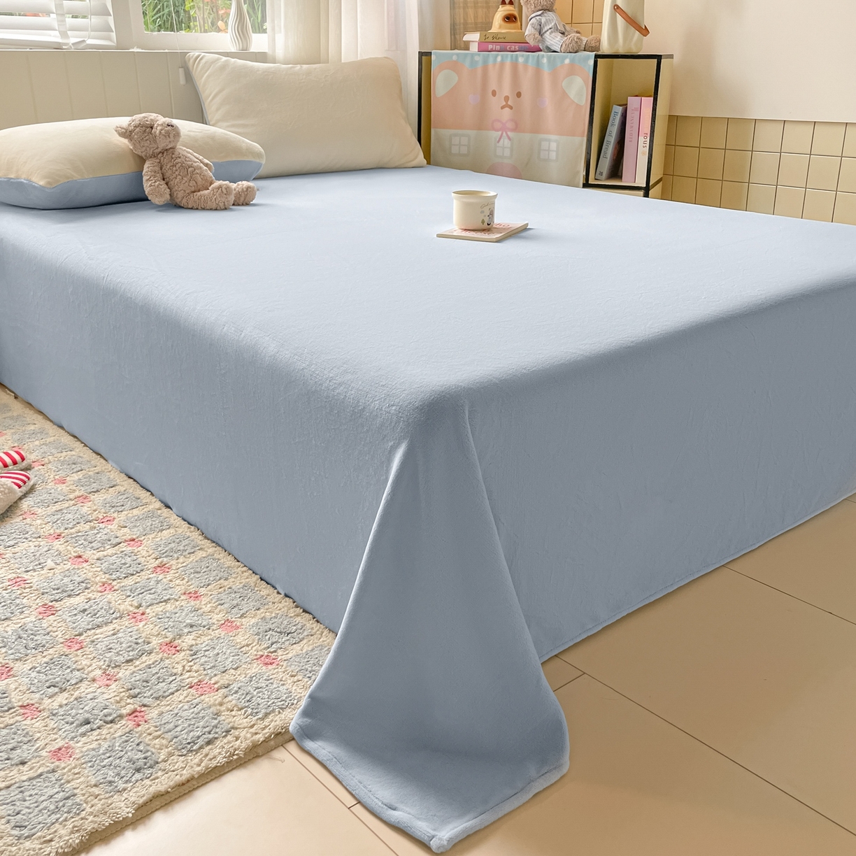 91家纺网 家纺一手货源 找家纺 仔仔熊 2025新款牛奶绒单床单床单单件 蓝