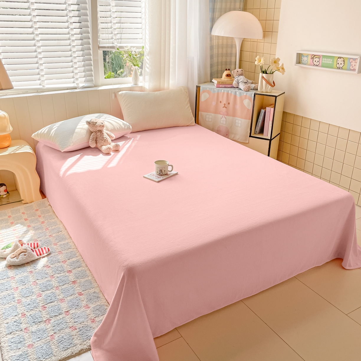 91家纺网 家纺一手货源 找家纺 仔仔熊 2025新款牛奶绒单床单床单单件 粉