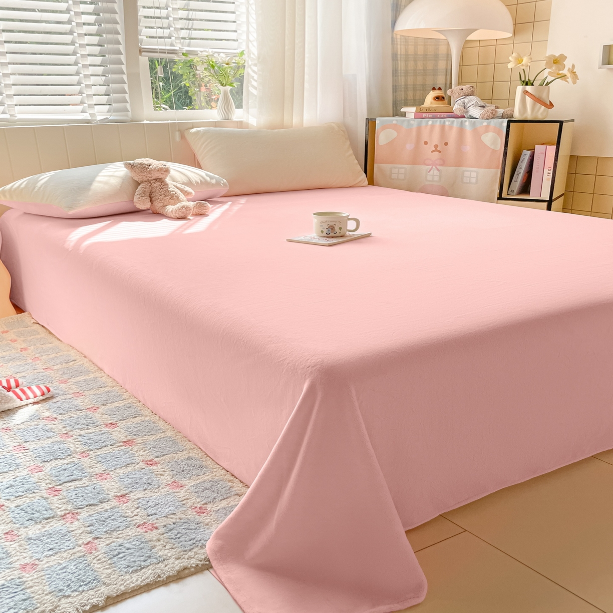 91家纺网 家纺一手货源 找家纺 仔仔熊 2025新款牛奶绒单床单床单单件 粉