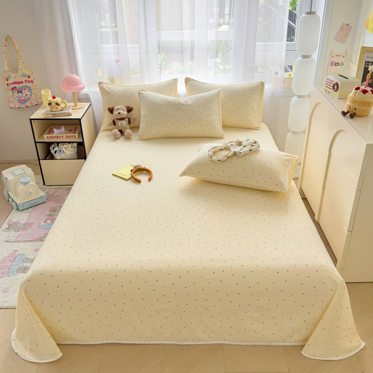 91家纺网 家纺一手货源 找家纺 （总）三盛源 2025新款韩版碎花球球皱皱纱双层纱水洗棉单床单床单单件