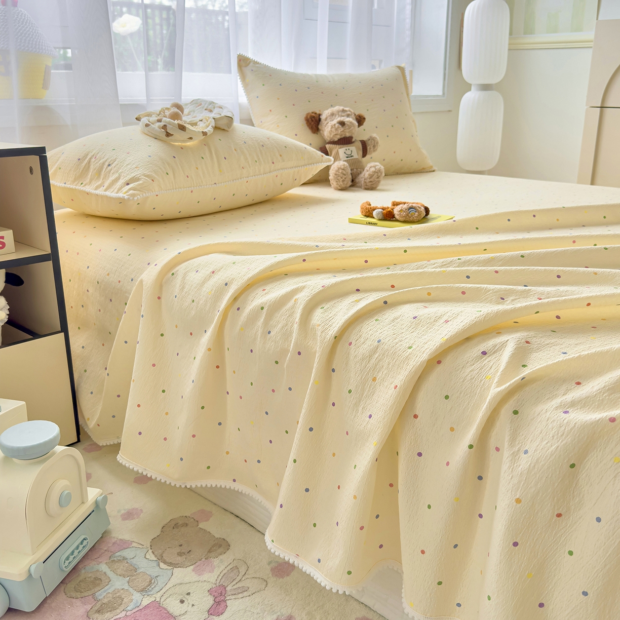 91家纺网 家纺一手货源 找家纺 （总）三盛源 2025新款韩版碎花球球皱皱纱双层纱水洗棉单床单床单单件