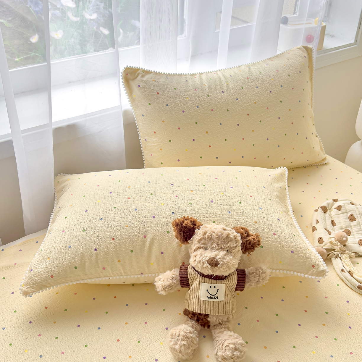 91家纺网 家纺一手货源 找家纺 （总）三盛源 2025新款韩版碎花球球皱皱纱双层纱水洗棉单床单床单单件