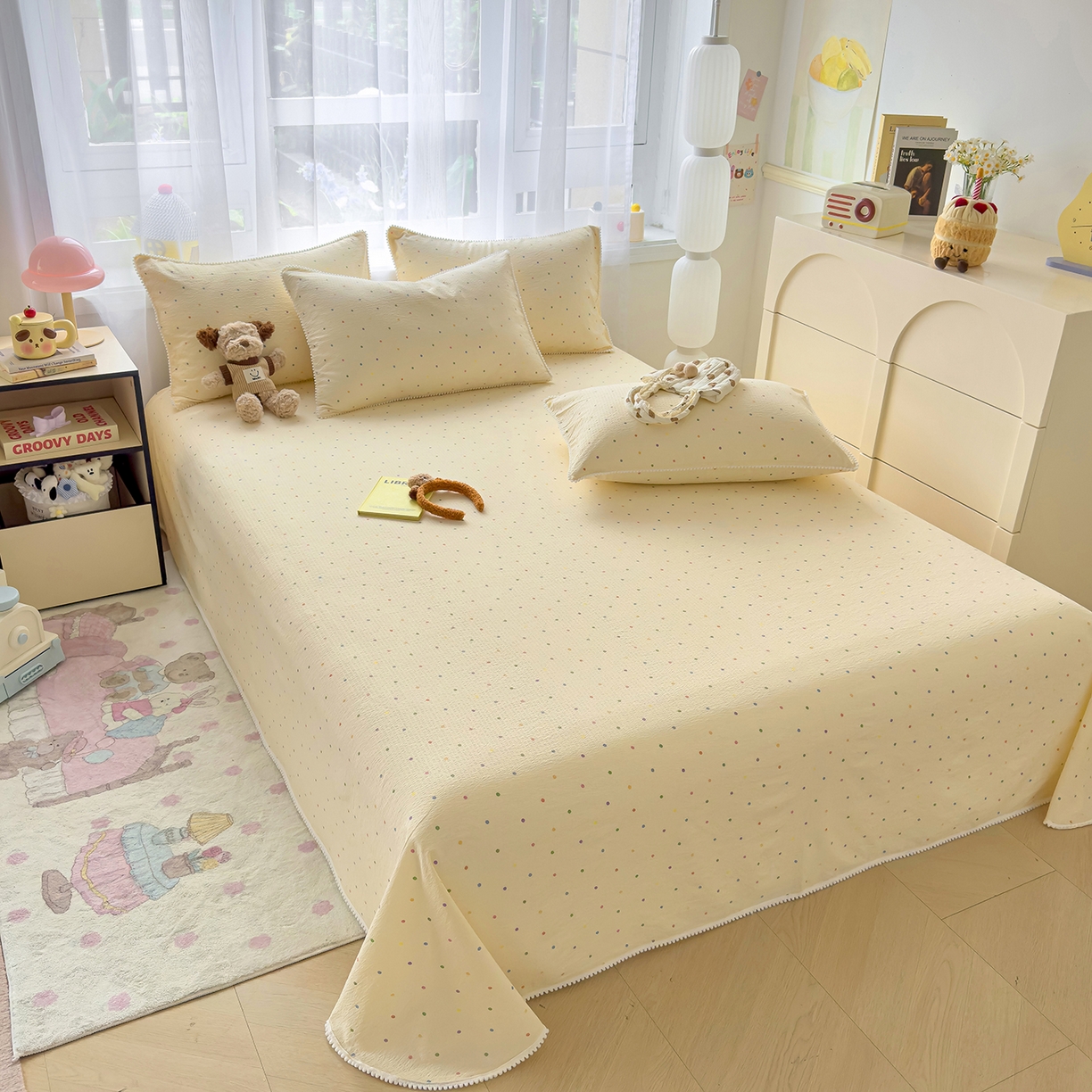 91家纺网 家纺一手货源 找家纺 （总）三盛源 2025新款韩版碎花球球皱皱纱双层纱水洗棉单床单床单单件