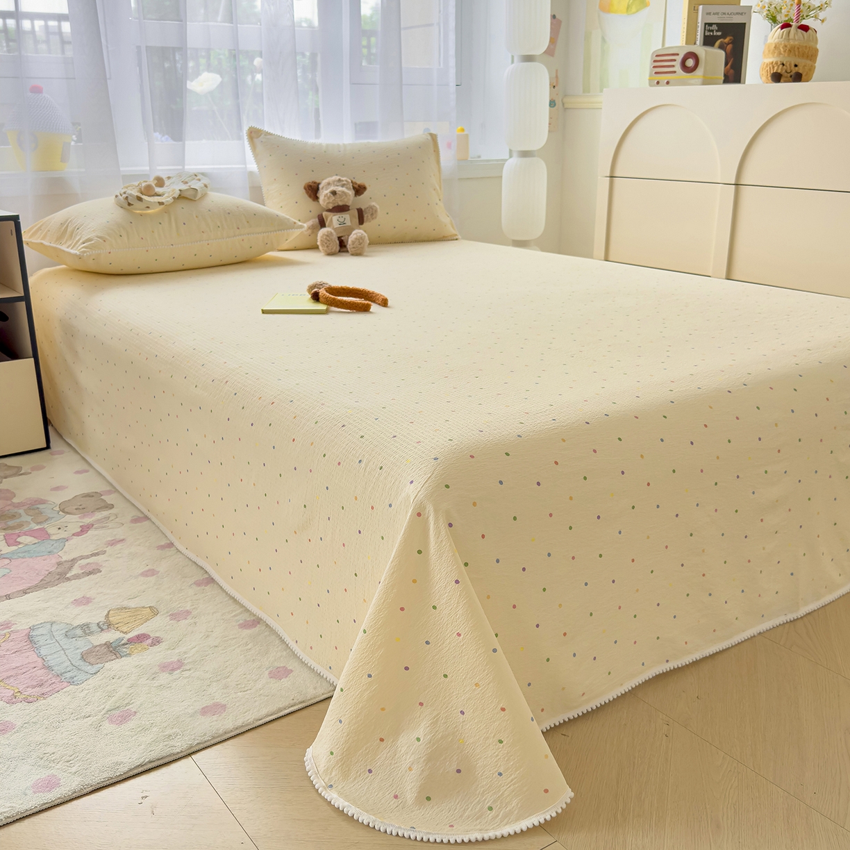 91家纺网 家纺一手货源 找家纺 三盛源 2025新款韩版碎花球球皱皱纱双层纱水洗棉单床单床单单件 波点甜梦