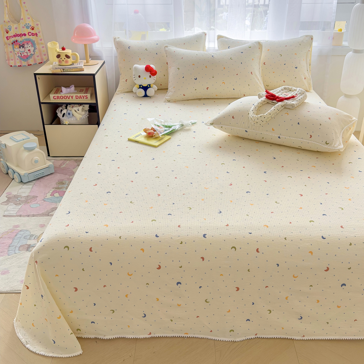 91家纺网 家纺一手货源 找家纺 三盛源 2025新款韩版碎花球球皱皱纱双层纱水洗棉单床单床单单件 星月心雨