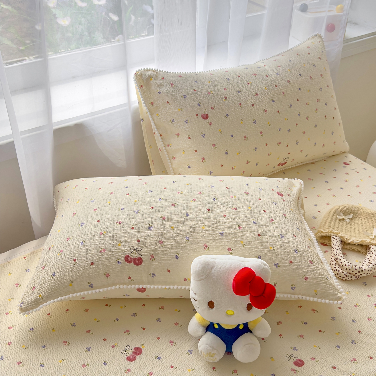 91家纺网 家纺一手货源 找家纺 三盛源 2025新款韩版碎花球球皱皱纱双层纱水洗棉单床单床单单件 樱甜小筑