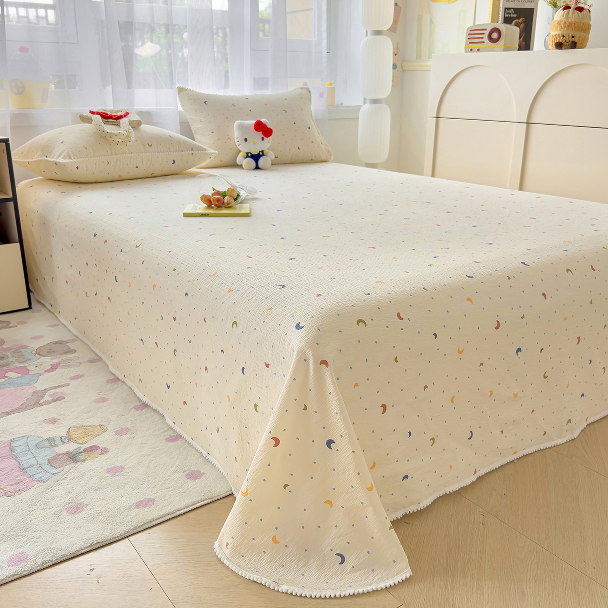 91家纺网 家纺一手货源 找家纺 三盛源 2025新款韩版碎花球球皱皱纱双层纱水洗棉单床单床单单件 星月心雨