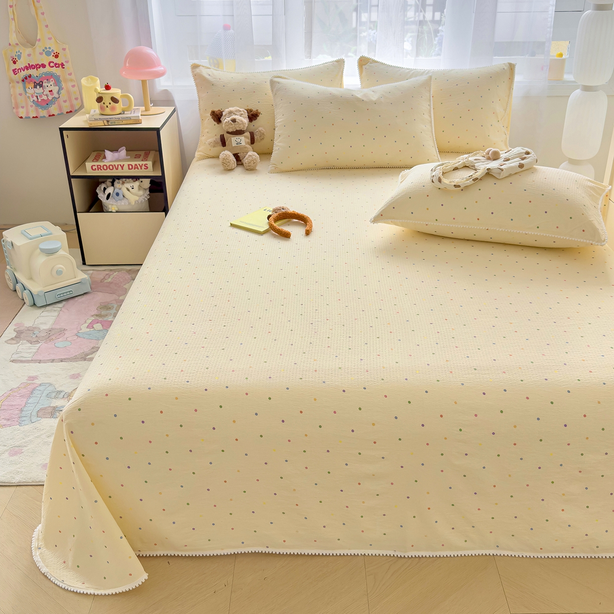 91家纺网 家纺一手货源 找家纺 三盛源 2025新款韩版碎花球球皱皱纱双层纱水洗棉单床单床单单件 波点甜梦