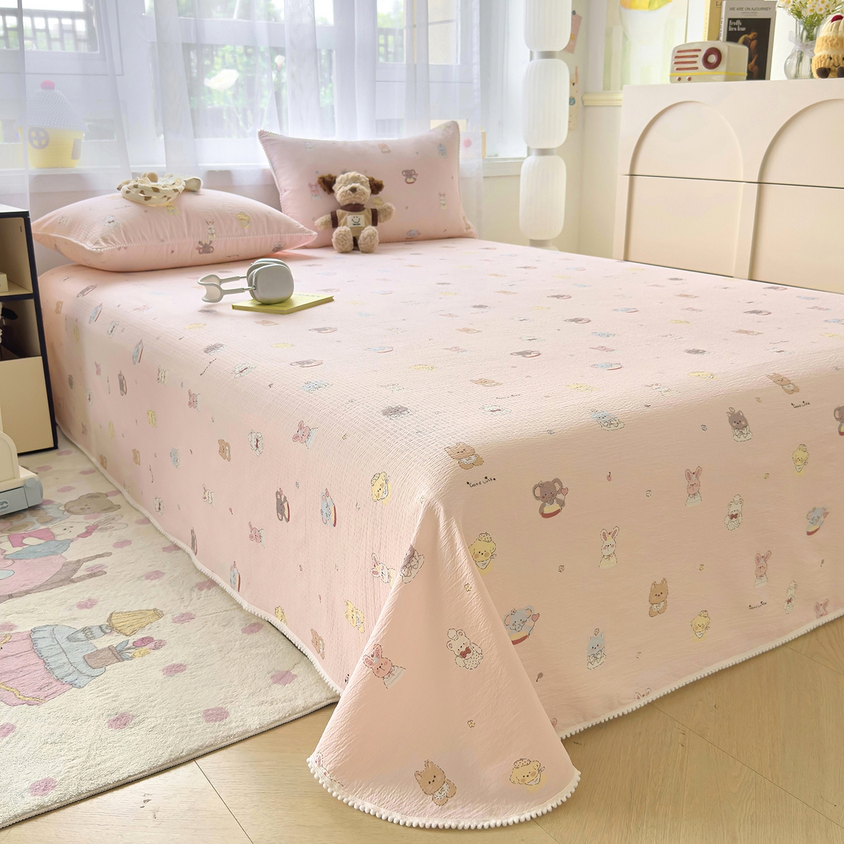 91家纺网 家纺一手货源 找家纺 三盛源 2025新款韩版碎花球球皱皱纱双层纱水洗棉单床单床单单件 奶芙动物园