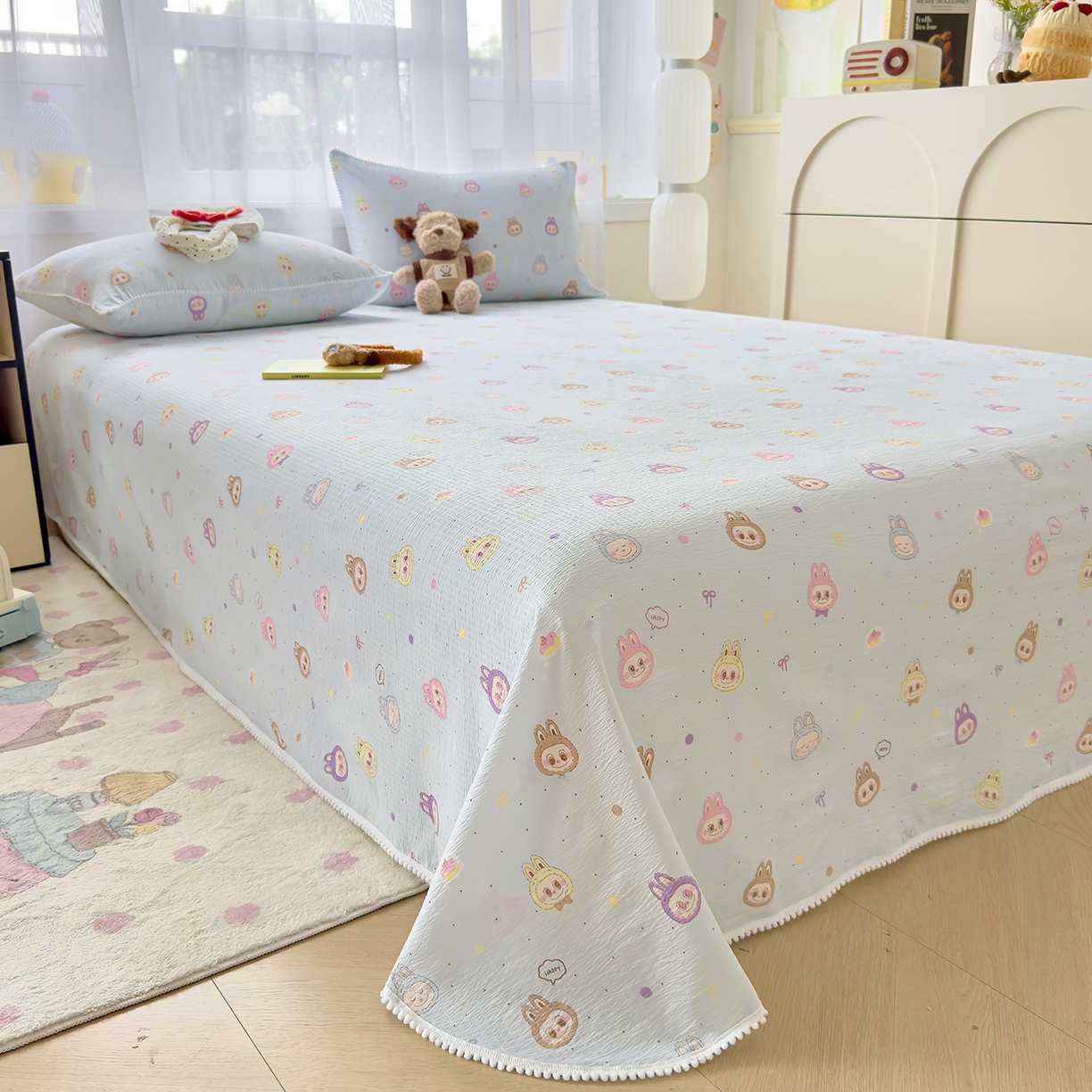 91家纺网 家纺一手货源 找家纺 三盛源 2025新款韩版碎花球球皱皱纱双层纱水洗棉单床单床单单件 浅蓝童话