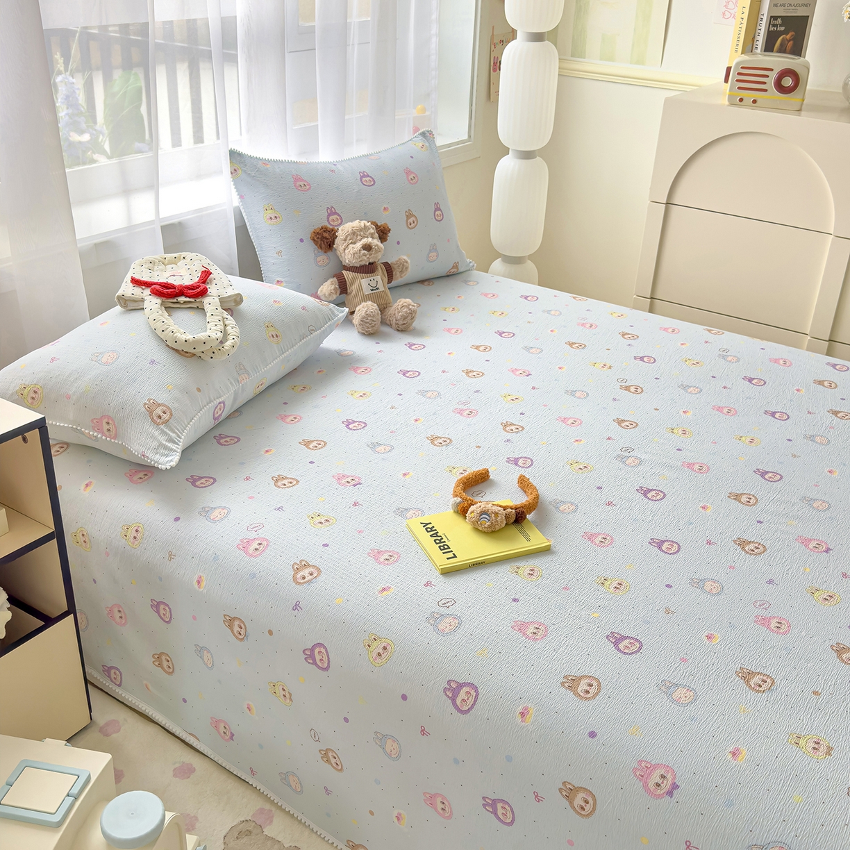 91家纺网 家纺一手货源 找家纺 三盛源 2025新款韩版碎花球球皱皱纱双层纱水洗棉单床单床单单件 浅蓝童话