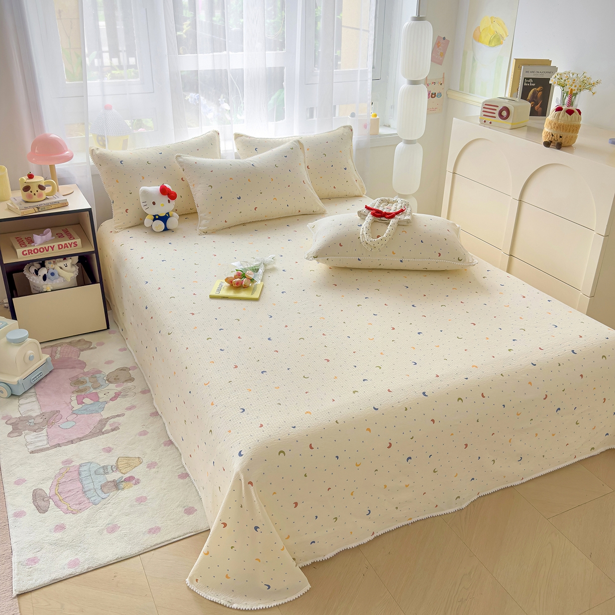 91家纺网 家纺一手货源 找家纺 三盛源 2025新款韩版碎花球球皱皱纱双层纱水洗棉单床单床单单件 星月心雨