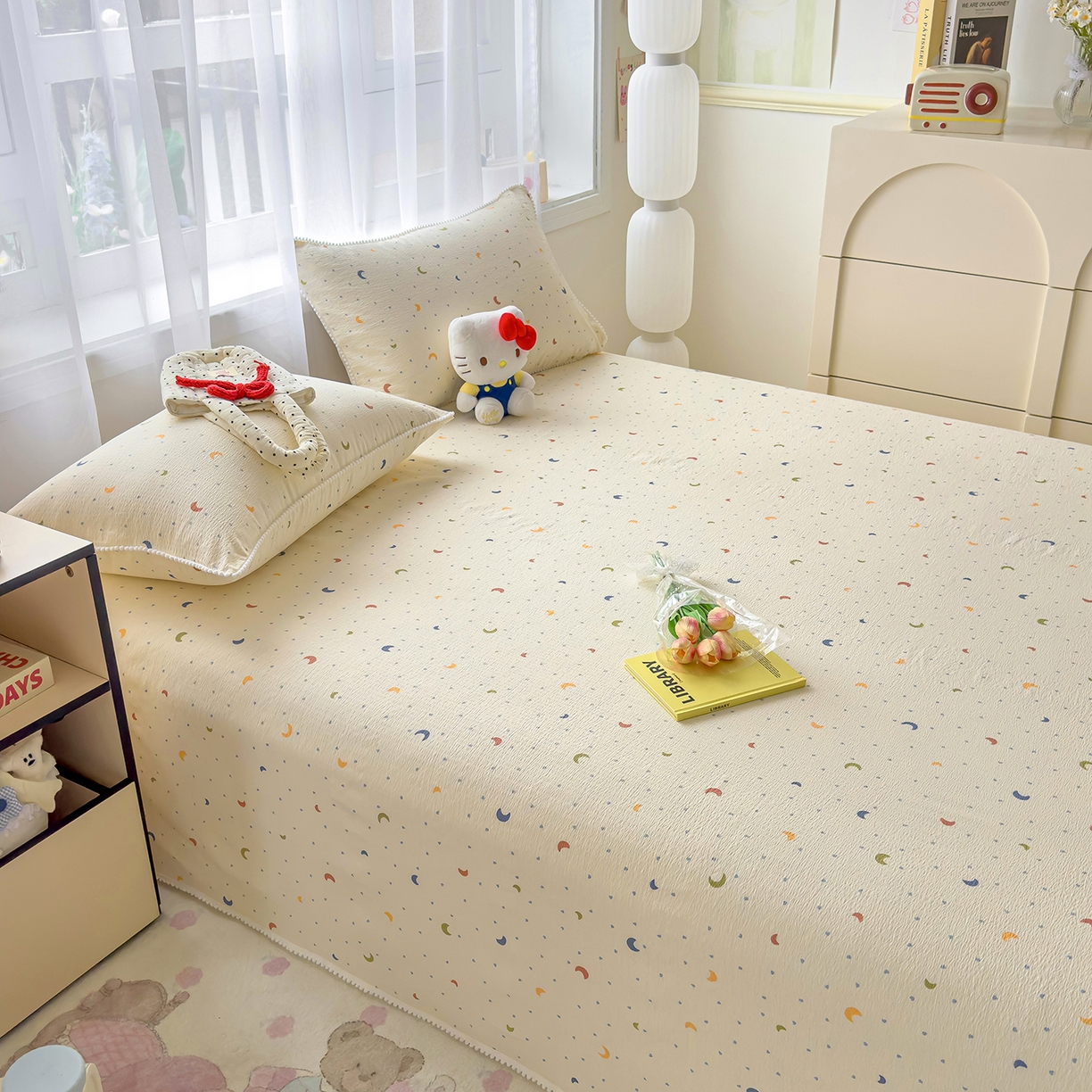 91家纺网 家纺一手货源 找家纺 三盛源 2025新款韩版碎花球球皱皱纱双层纱水洗棉单床单床单单件 星月心雨