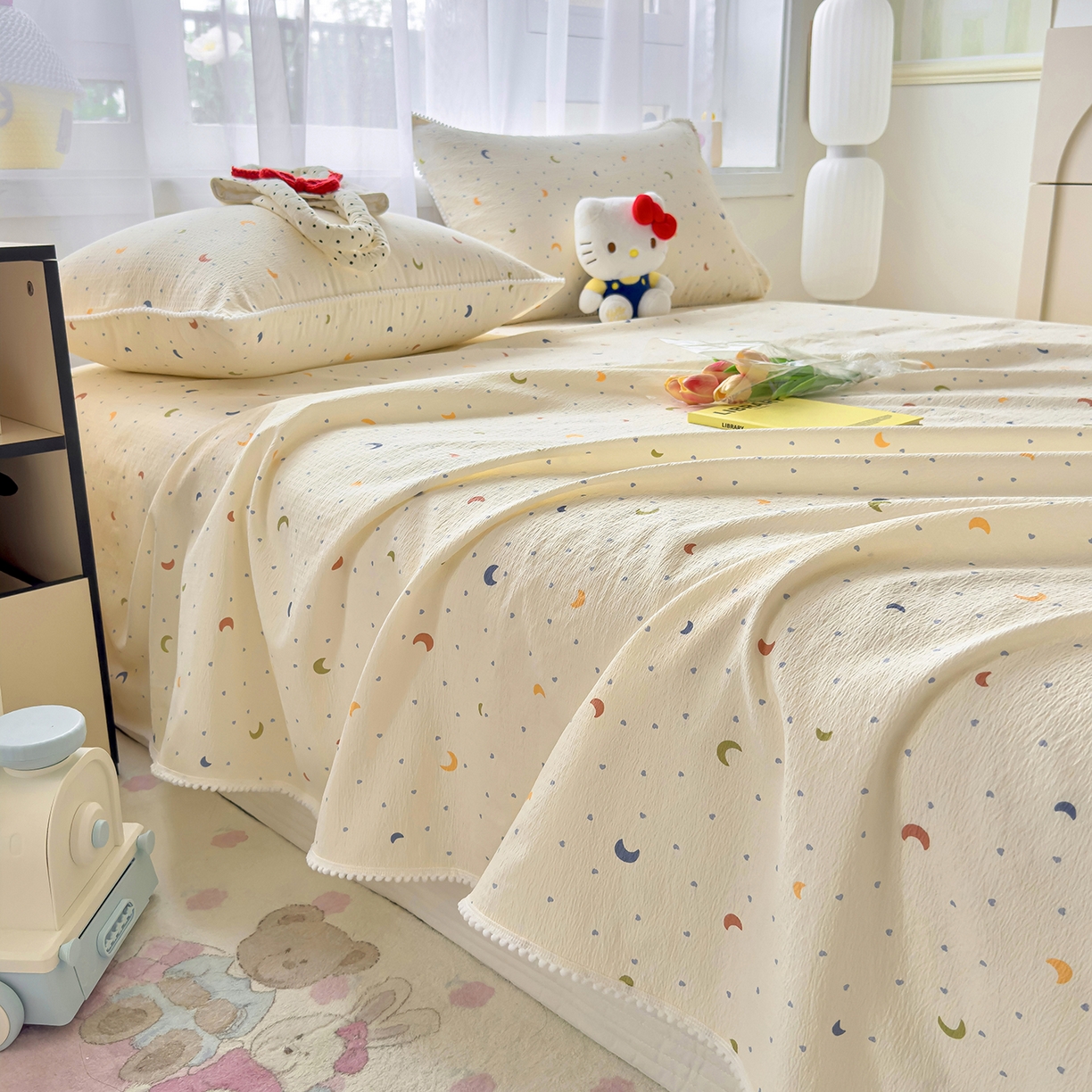 91家纺网 家纺一手货源 找家纺 三盛源 2025新款韩版碎花球球皱皱纱双层纱水洗棉单床单床单单件 星月心雨