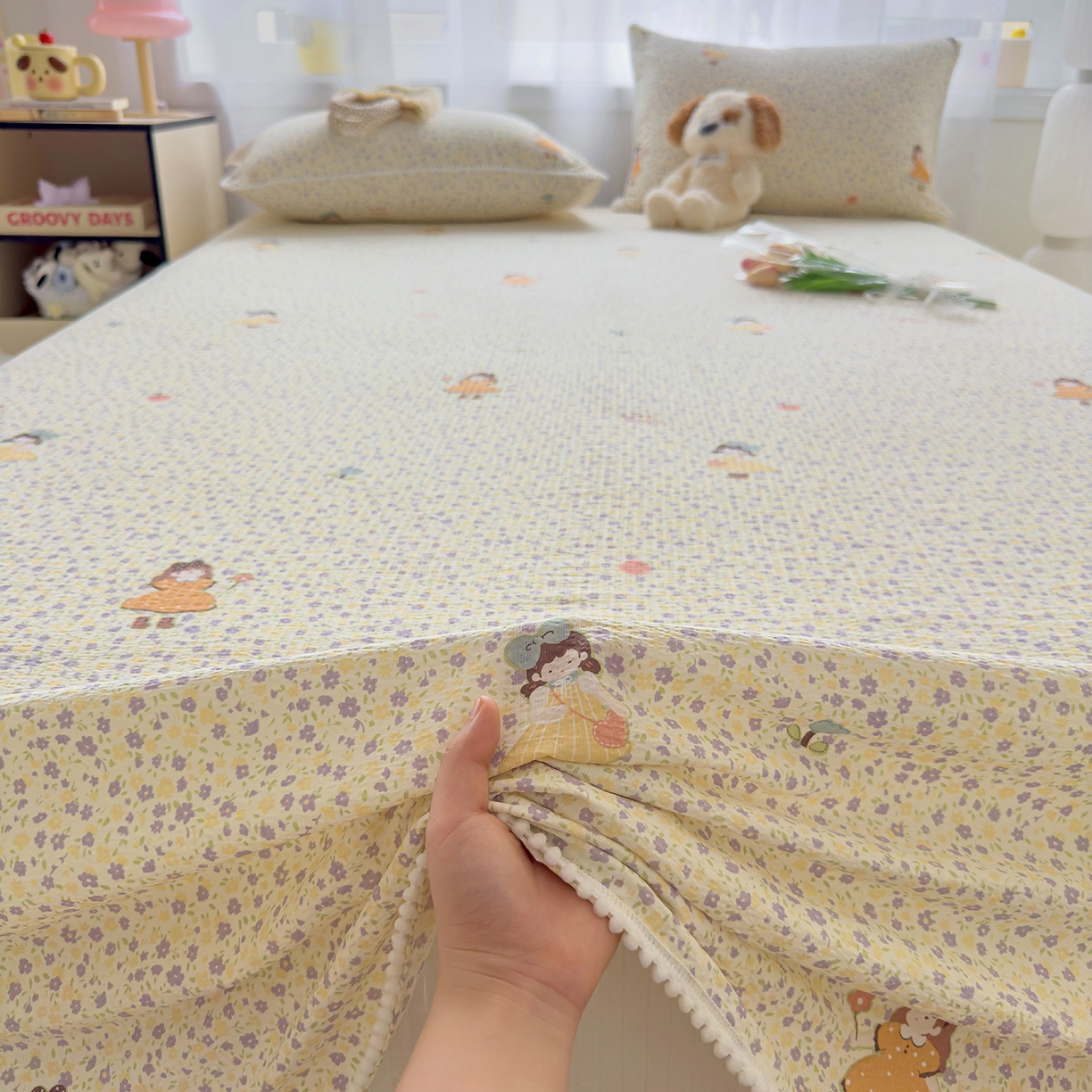 91家纺网 家纺一手货源 找家纺 三盛源 2025新款韩版碎花球球皱皱纱双层纱水洗棉单床单床单单件 碎花小仙旅