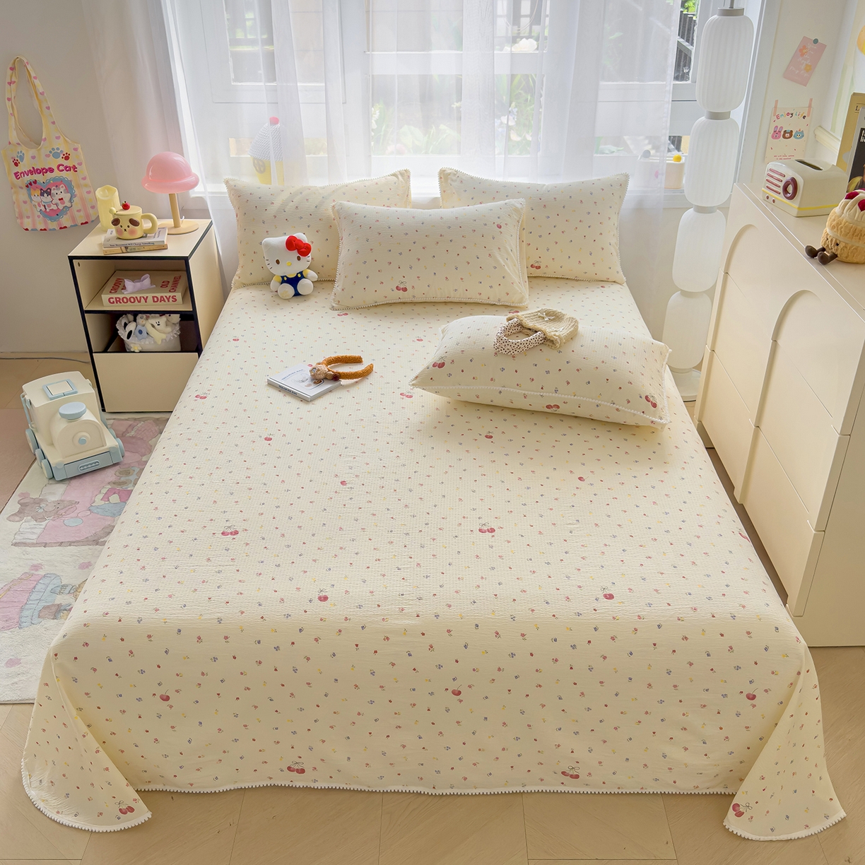 91家纺网 家纺一手货源 找家纺 三盛源 2025新款韩版碎花球球皱皱纱双层纱水洗棉单床单床单单件 樱甜小筑