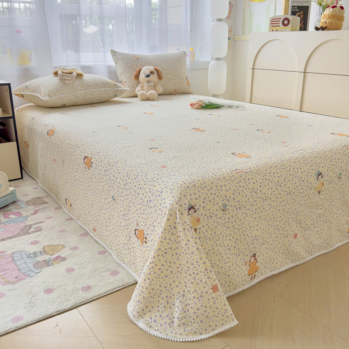 91家纺网 家纺一手货源 找家纺 三盛源 2025新款韩版碎花球球皱皱纱双层纱水洗棉单床单床单单件 碎花小仙旅