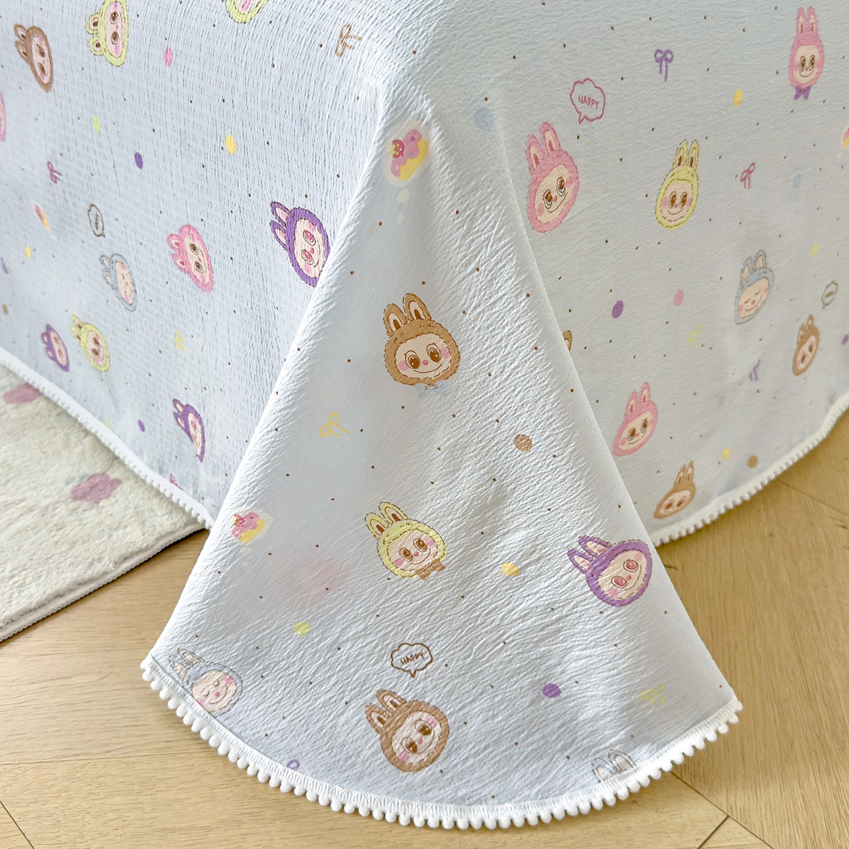 91家纺网 家纺一手货源 找家纺 三盛源 2025新款韩版碎花球球皱皱纱双层纱水洗棉单床单床单单件 浅蓝童话