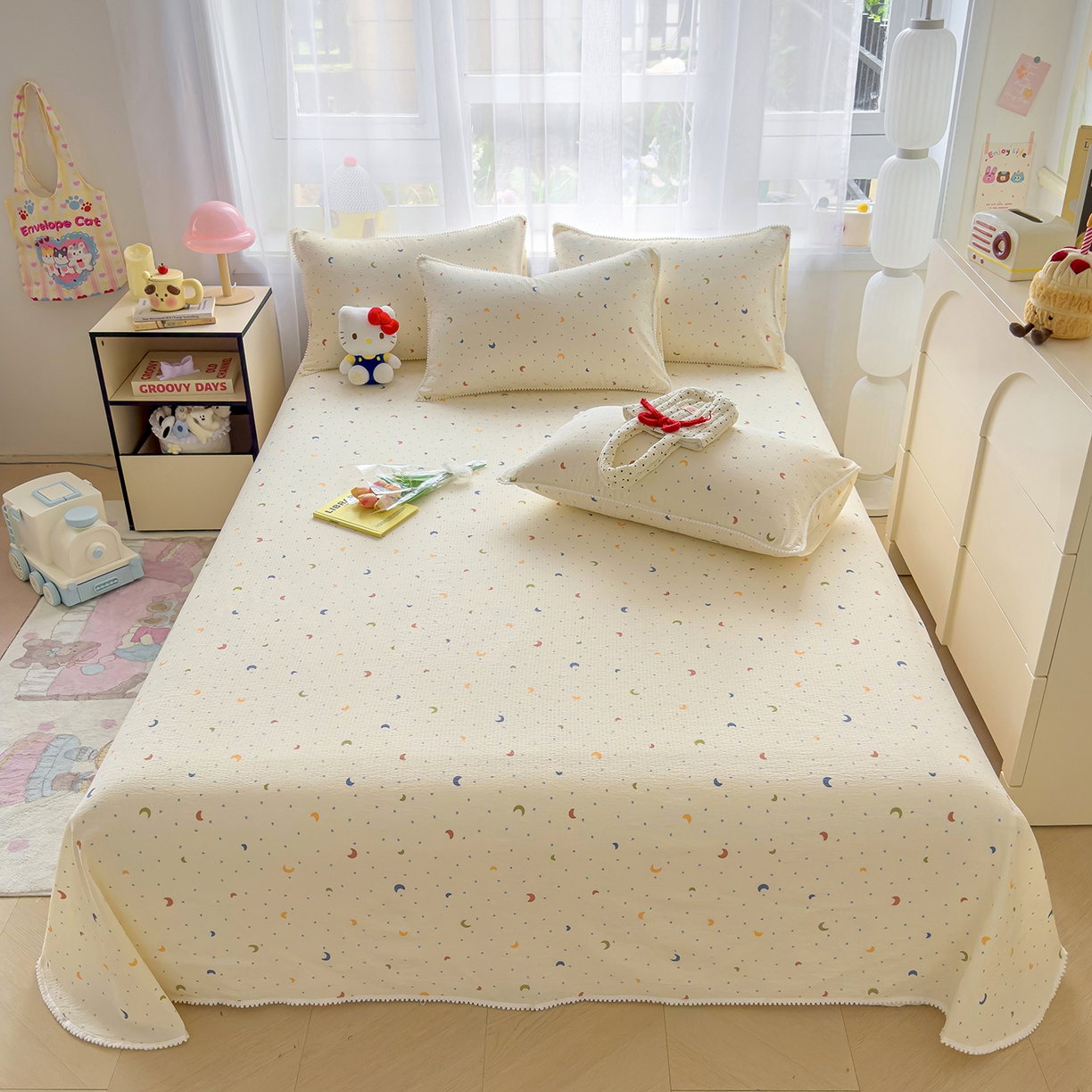 91家纺网 家纺一手货源 找家纺 三盛源 2025新款韩版碎花球球皱皱纱双层纱水洗棉单床单床单单件 星月心雨