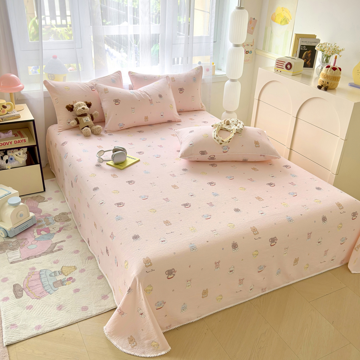 91家纺网 家纺一手货源 找家纺 三盛源 2025新款韩版碎花球球皱皱纱双层纱水洗棉单床单床单单件 奶芙动物园