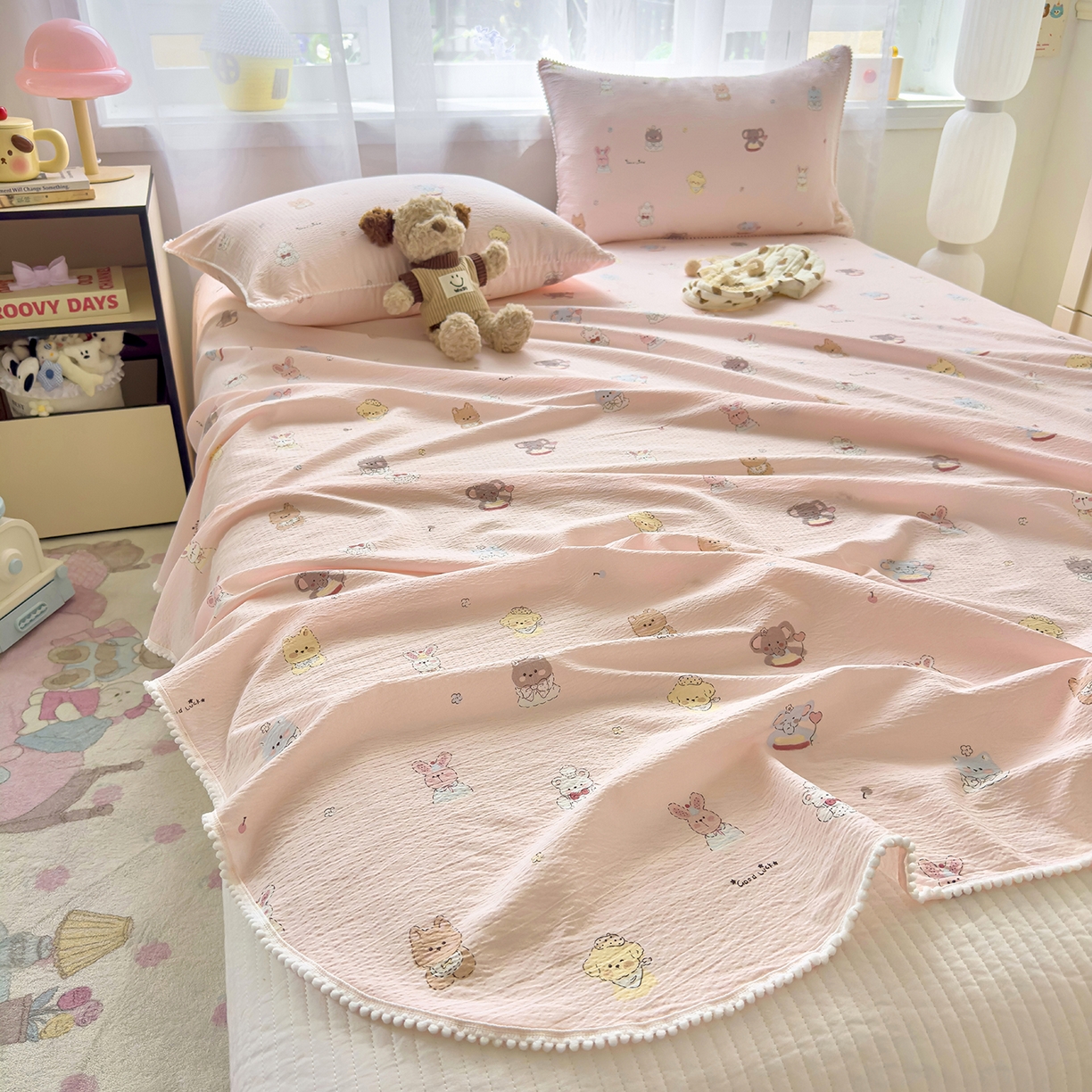 91家纺网 家纺一手货源 找家纺 三盛源 2025新款韩版碎花球球皱皱纱双层纱水洗棉单床单床单单件 奶芙动物园