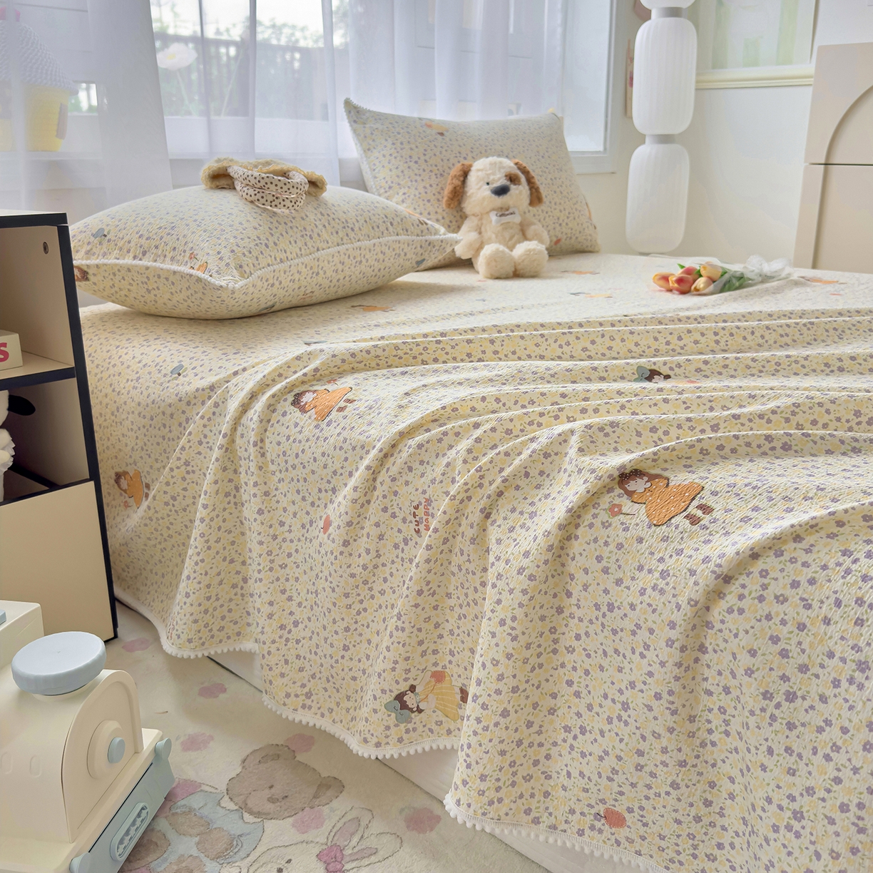 91家纺网 家纺一手货源 找家纺 三盛源 2025新款韩版碎花球球皱皱纱双层纱水洗棉单床单床单单件 碎花小仙旅