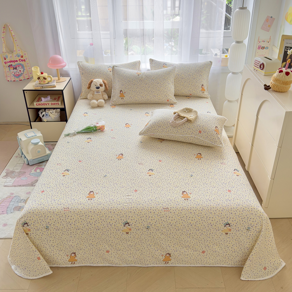 91家纺网 家纺一手货源 找家纺 三盛源 2025新款韩版碎花球球皱皱纱双层纱水洗棉单床单床单单件 碎花小仙旅