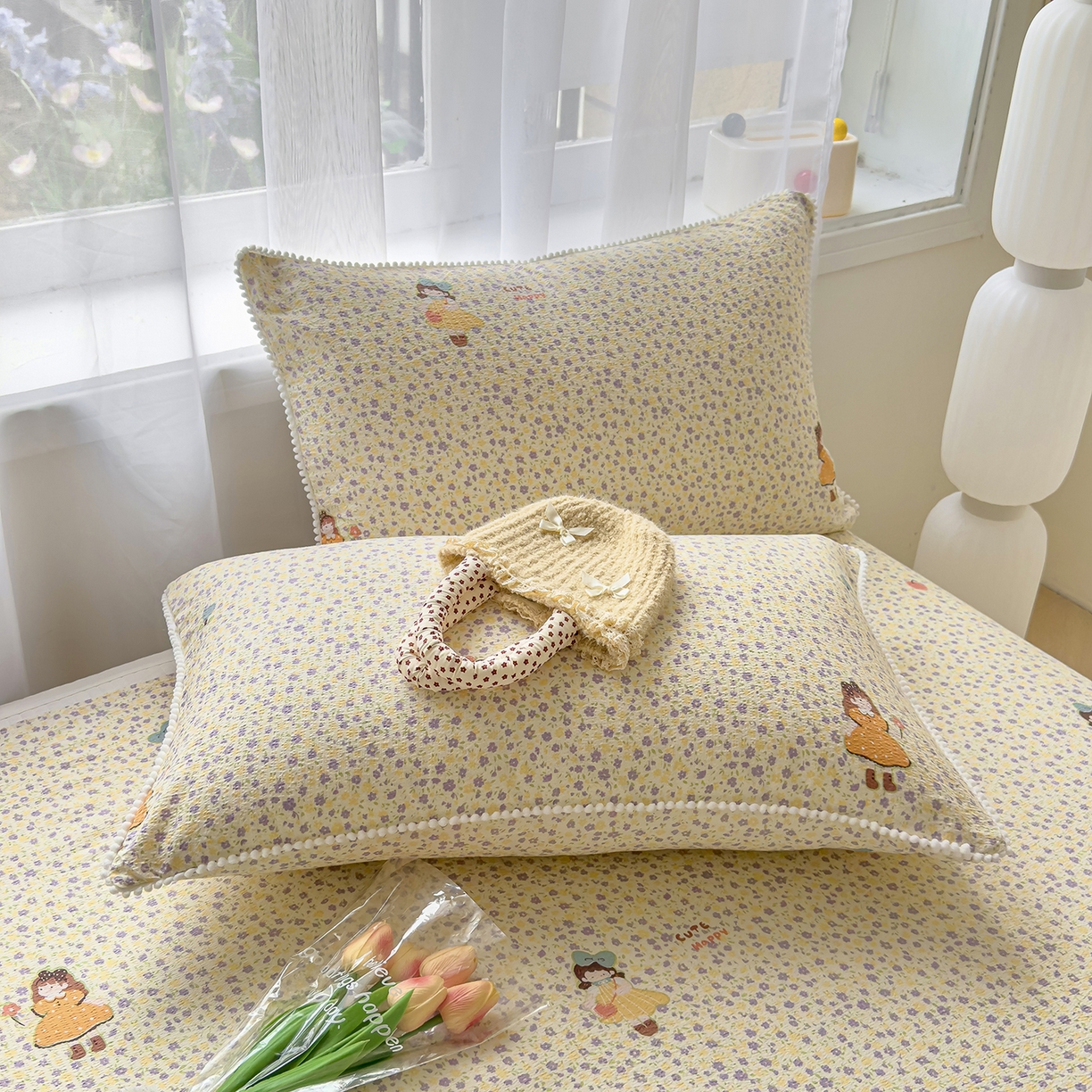 91家纺网 家纺一手货源 找家纺 三盛源 2025新款韩版碎花球球皱皱纱双层纱水洗棉单床单床单单件 碎花小仙旅