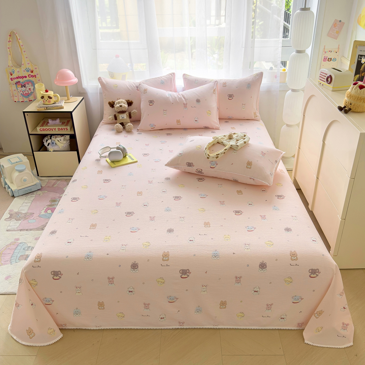 91家纺网 家纺一手货源 找家纺 三盛源 2025新款韩版碎花球球皱皱纱双层纱水洗棉单床单床单单件 奶芙动物园