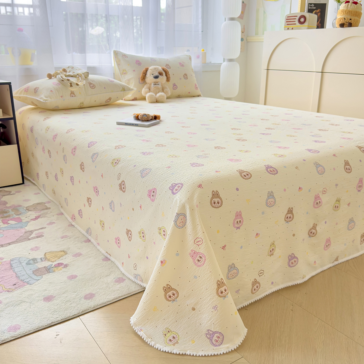 91家纺网 家纺一手货源 找家纺 三盛源 2025新款韩版碎花球球皱皱纱双层纱水洗棉单床单床单单件 暖黄萌灰