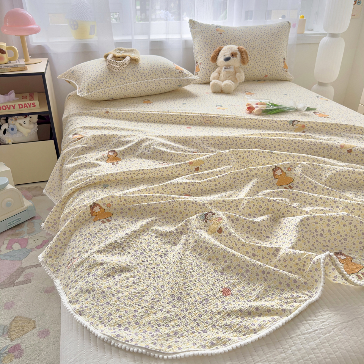 91家纺网 家纺一手货源 找家纺 三盛源 2025新款韩版碎花球球皱皱纱双层纱水洗棉单床单床单单件 碎花小仙旅