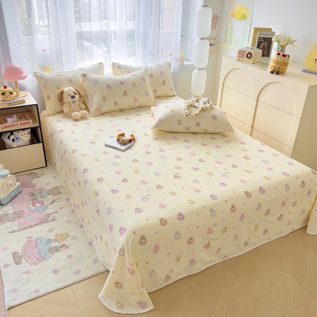 91家纺网 家纺一手货源 找家纺 三盛源 2025新款韩版碎花球球皱皱纱双层纱水洗棉单床单床单单件 暖黄萌灰