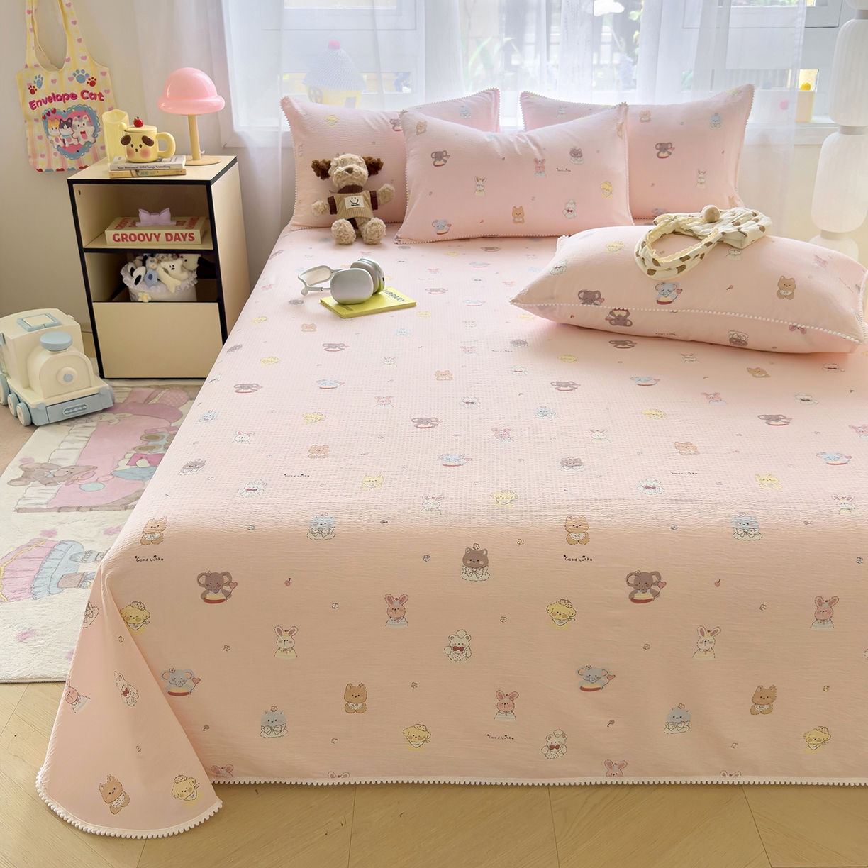 91家纺网 家纺一手货源 找家纺 三盛源 2025新款韩版碎花球球皱皱纱双层纱水洗棉单床单床单单件 奶芙动物园