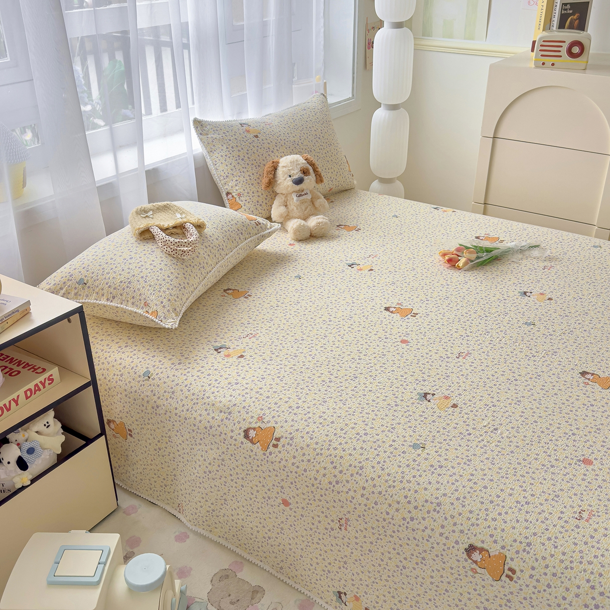 91家纺网 家纺一手货源 找家纺 三盛源 2025新款韩版碎花球球皱皱纱双层纱水洗棉单床单床单单件 碎花小仙旅